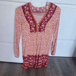 Boho Floral Long Sleeve Dress with Red Accents